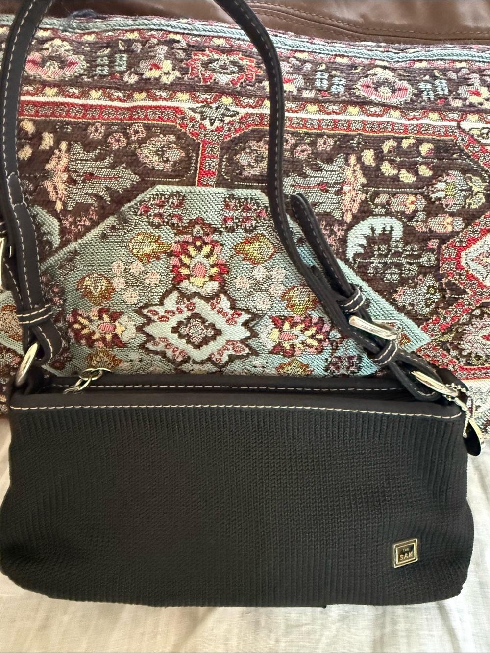 The Sak Black Knit bag with Leather Trim